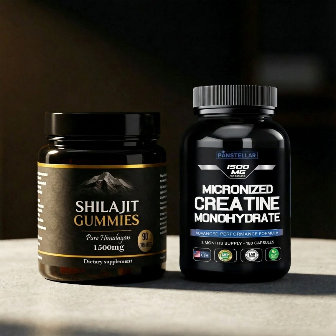 Shilajit gummies and micronized creatine monohydrate capsules dietary supplements on a table