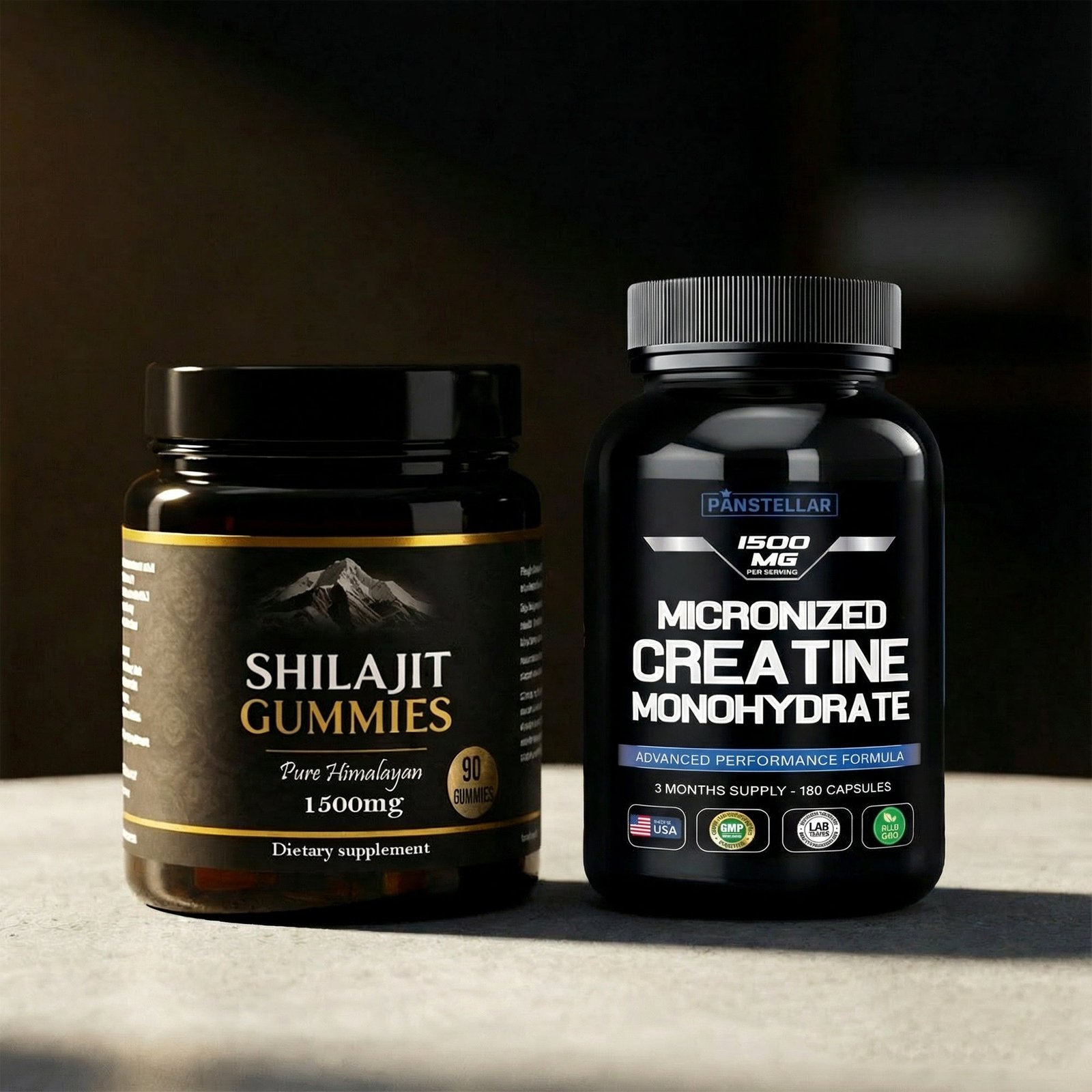 Shilajit gummies and micronized creatine monohydrate capsules dietary supplements on a table