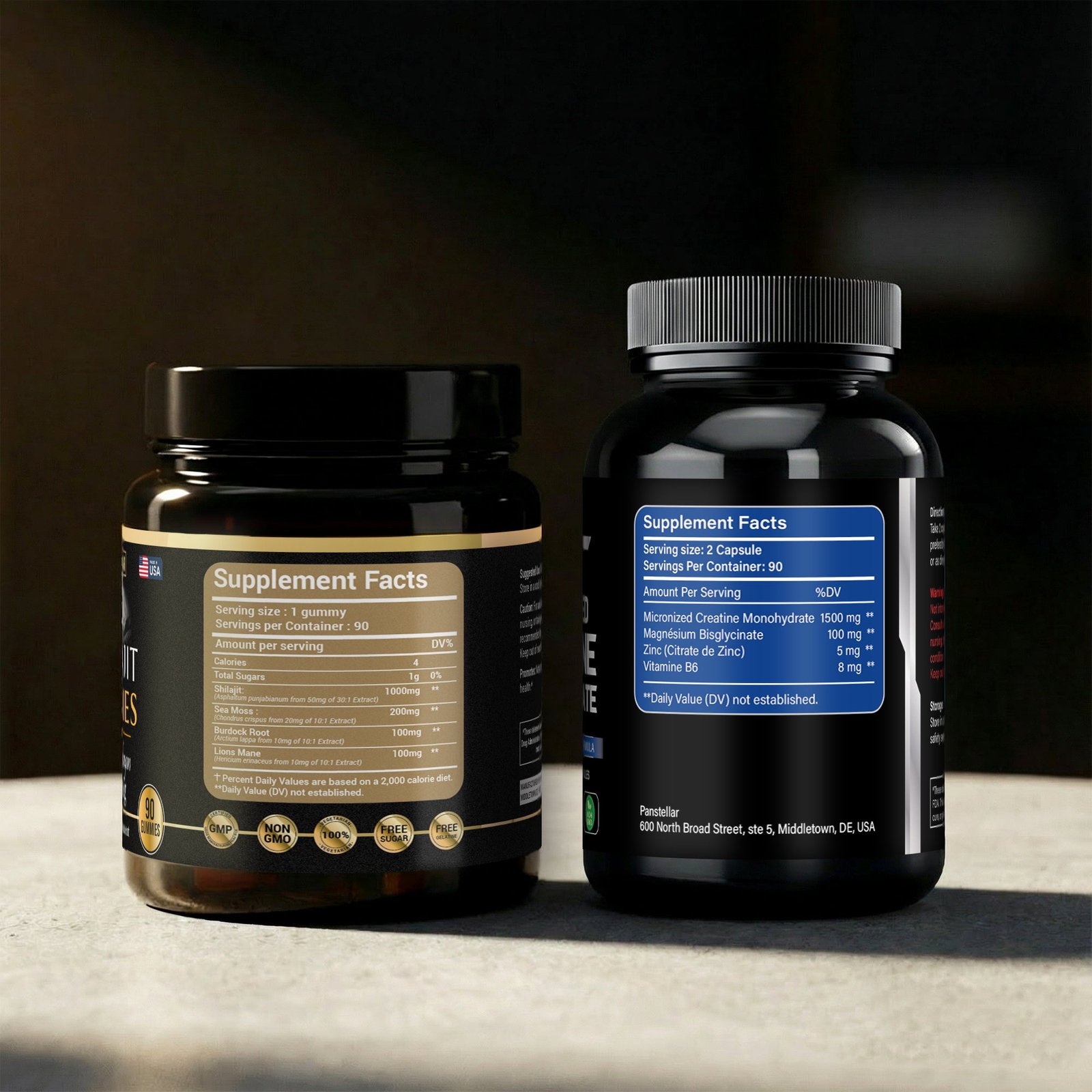 Two black supplement bottles on a stone surface, showing nutrition labels and supplement facts.
