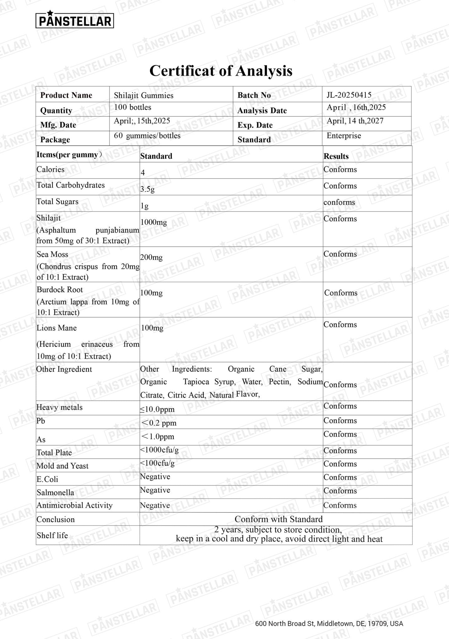 Certificate of Analysis for Shilajit Gummies listing ingredients, batch details, lab test results.