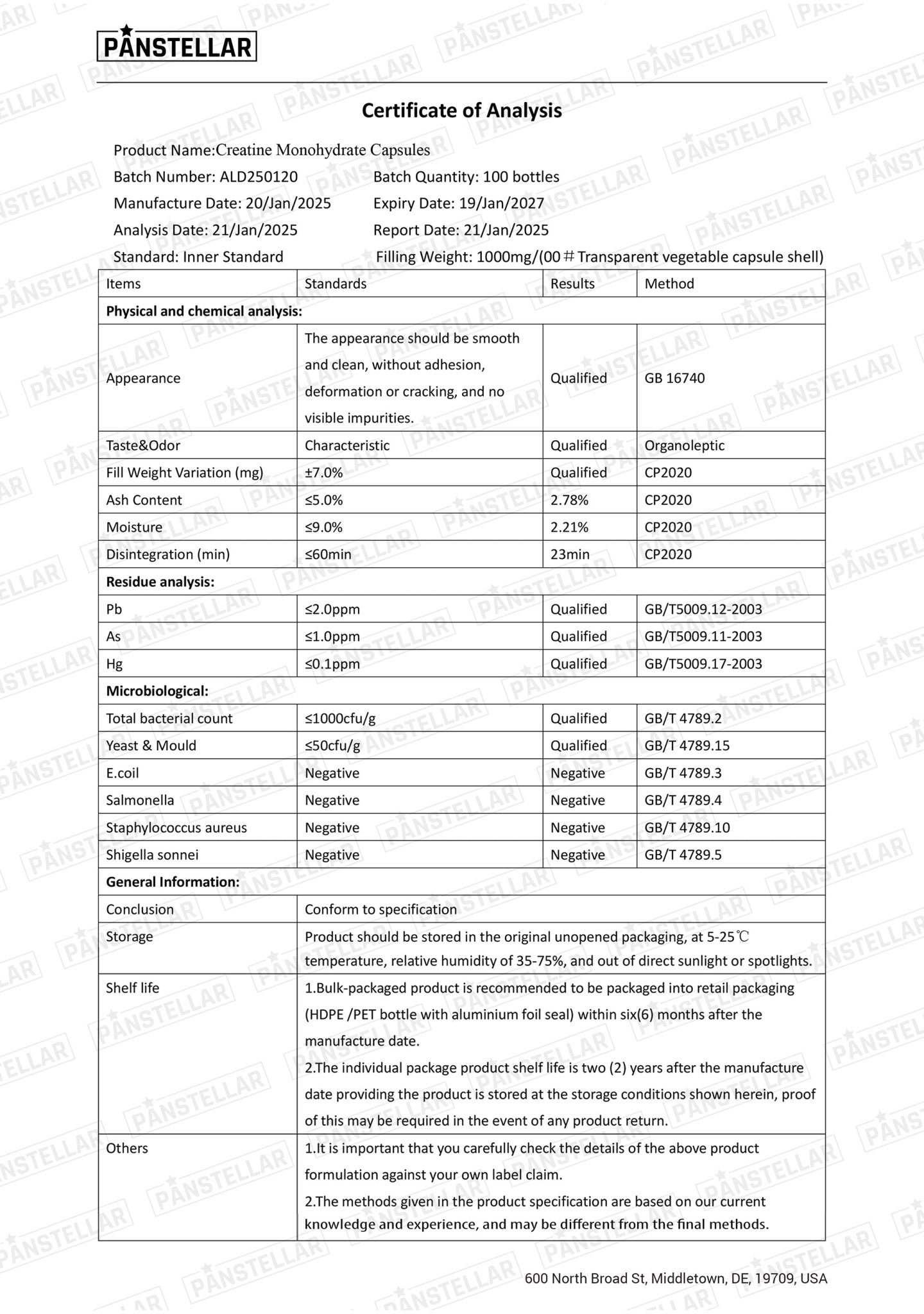 Certificate of Analysis for creatine monohydrate capsules detailing purity, safety, and quality test results.
