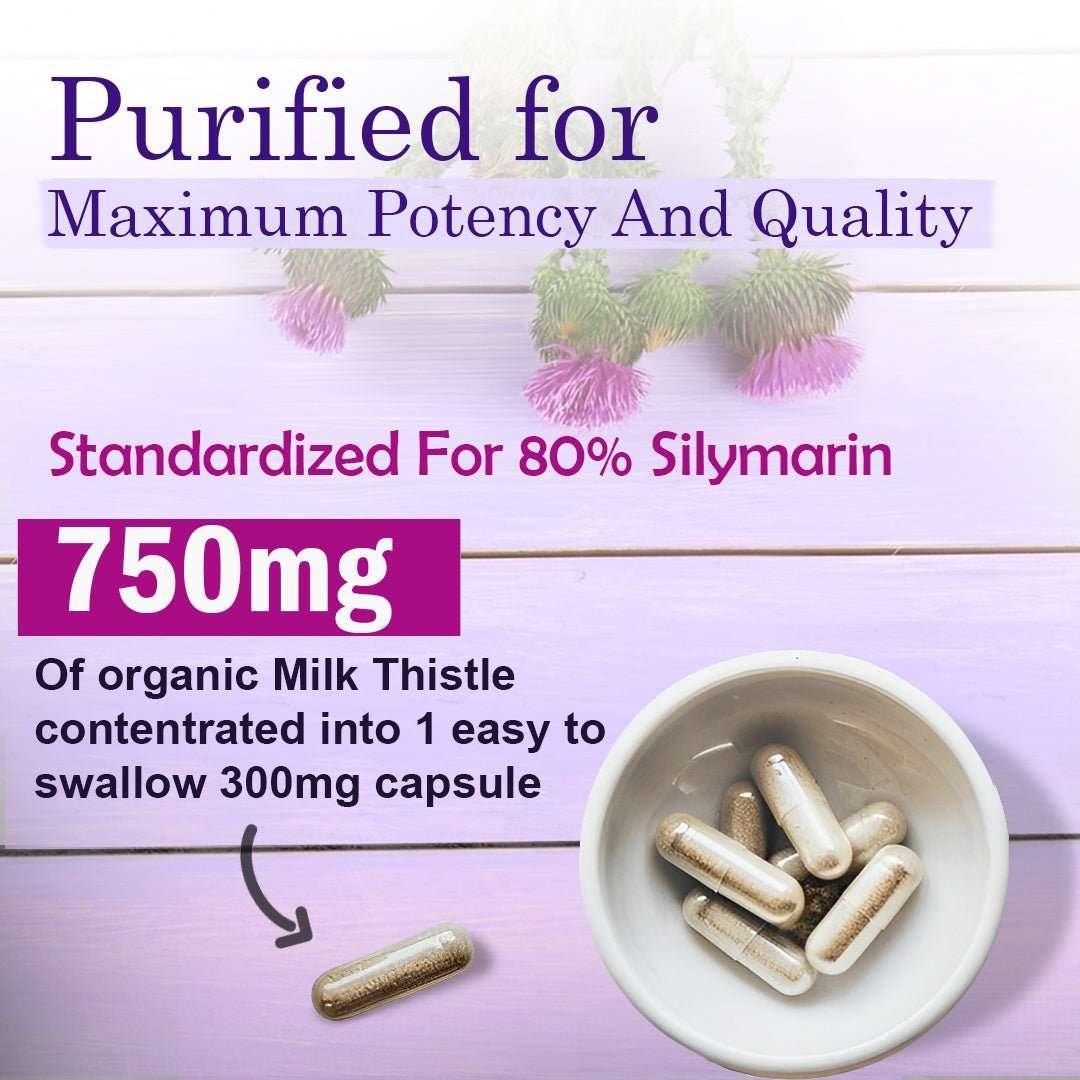 Milk thistle supplement capsules with 80% silymarin, labeled 750mg for maximum potency.
