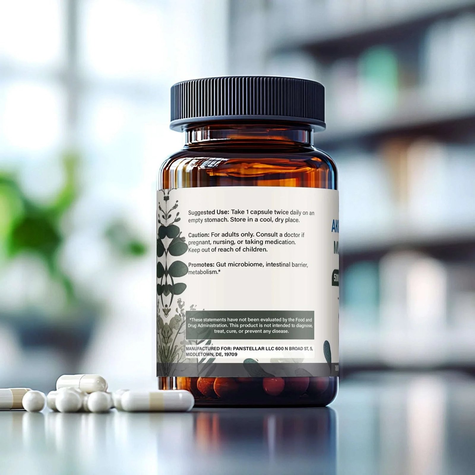 A brown supplement bottle labeled for gut microbiome support with white capsules on a table.