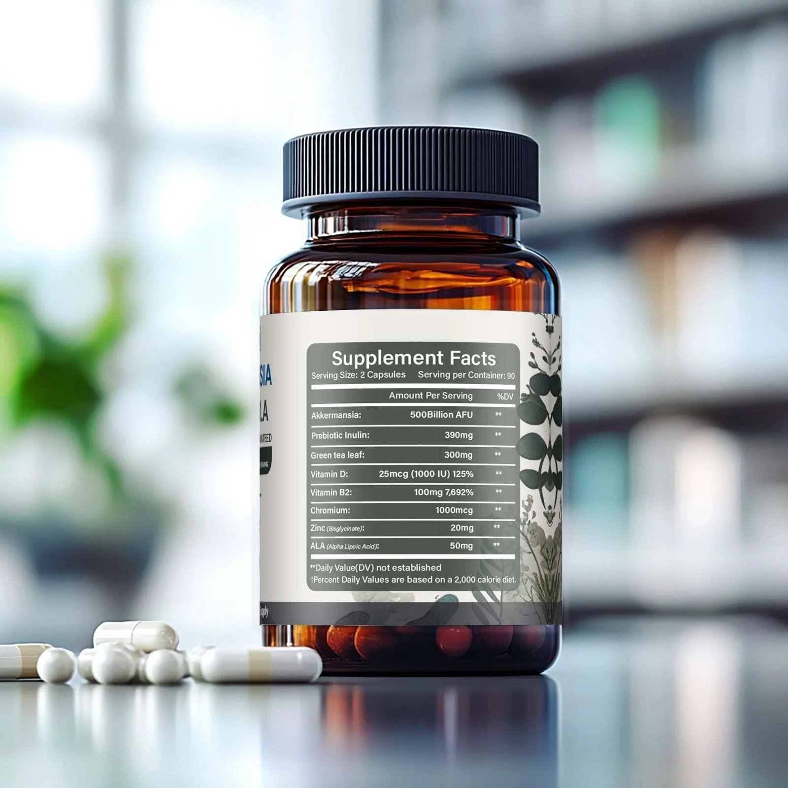 Akkermansia supplement facts label on amber bottle with capsules, probiotics, vitamins, and green tea extract ingredients.