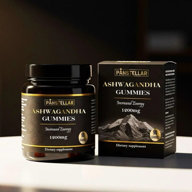 Ashwagandha gummies 1200mg dietary supplement jar and box, 90 count, on a dark background
