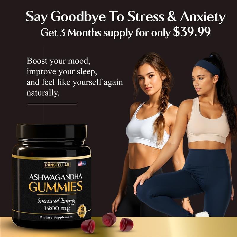 Ashwagandha gummies supplement jar with two fit women, promoting mood, stress and sleep support.