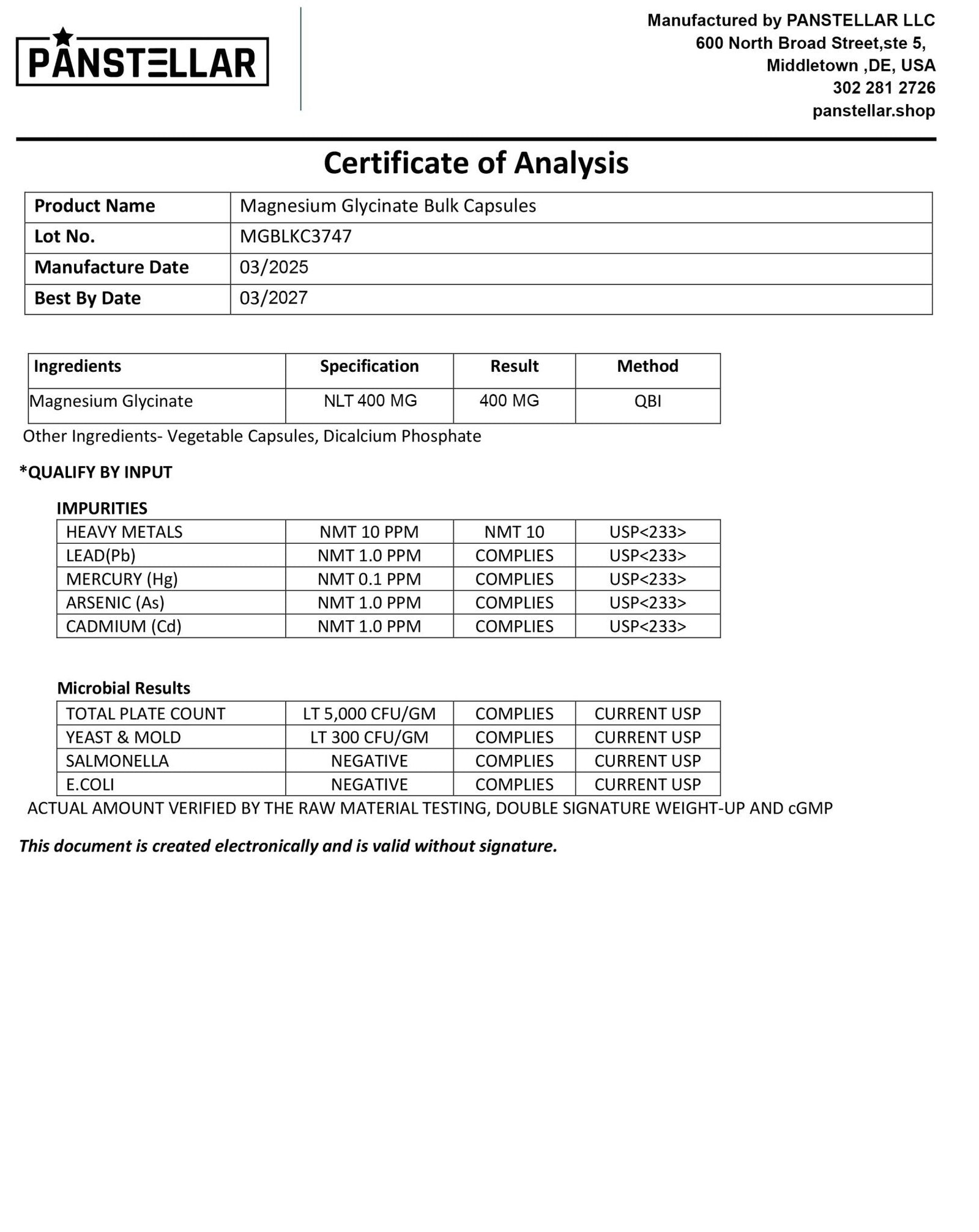Certificate of Analysis for magnesium glycinate capsules listing ingredients, specification, impurity and microbial test results.