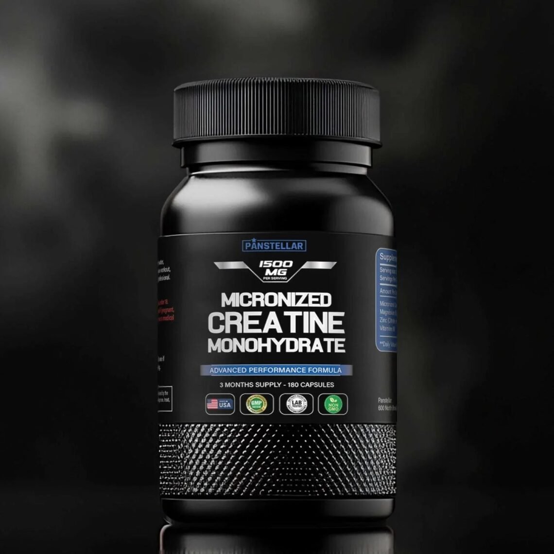 Black bottle of micronized creatine monohydrate supplement with 180 capsules, front label view