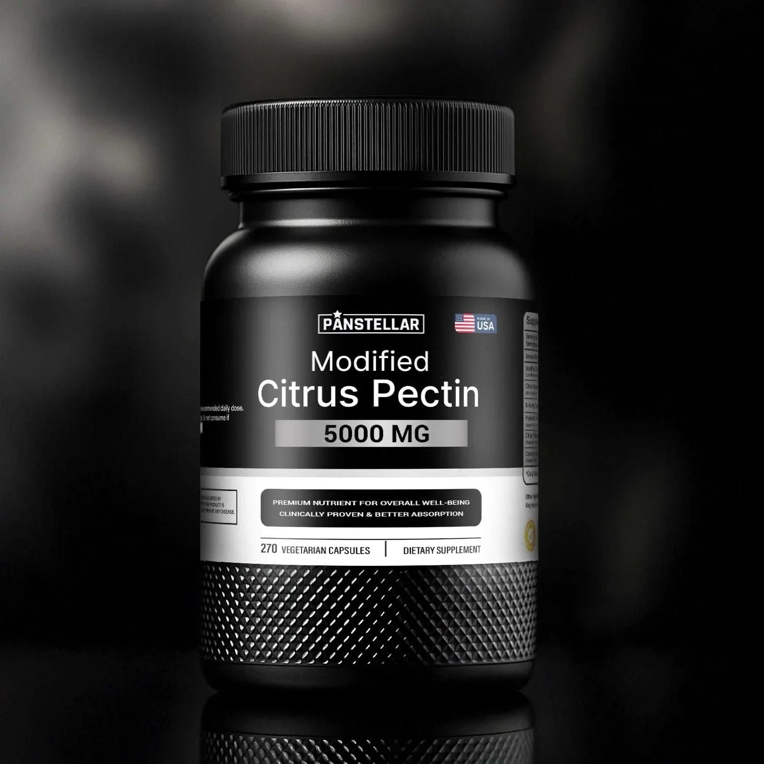 Modified citrus pectin 5000mg supplement bottle with black label, 270 vegetarian capsules