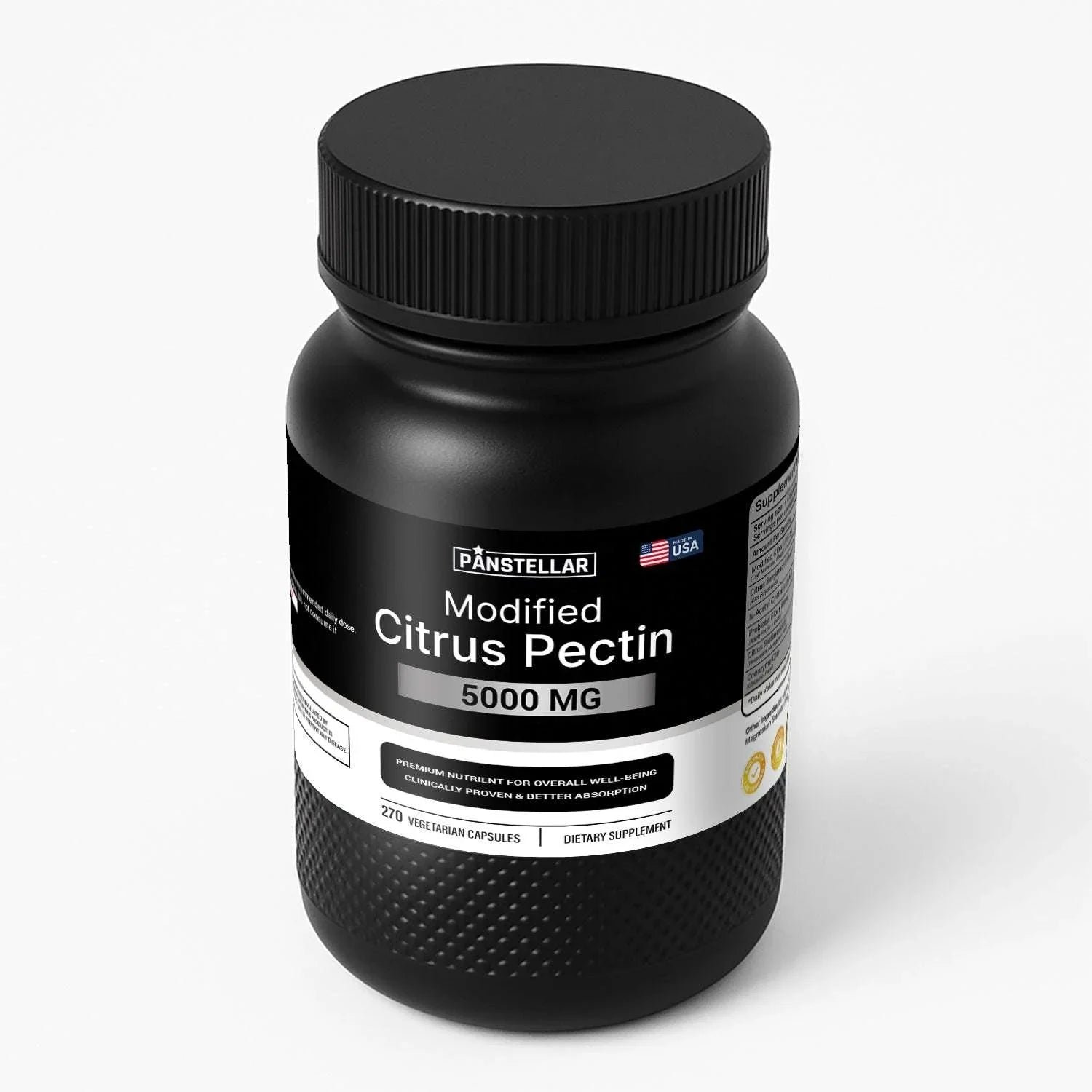 Black bottle labeled Modified Citrus Pectin 5000mg dietary supplement capsules