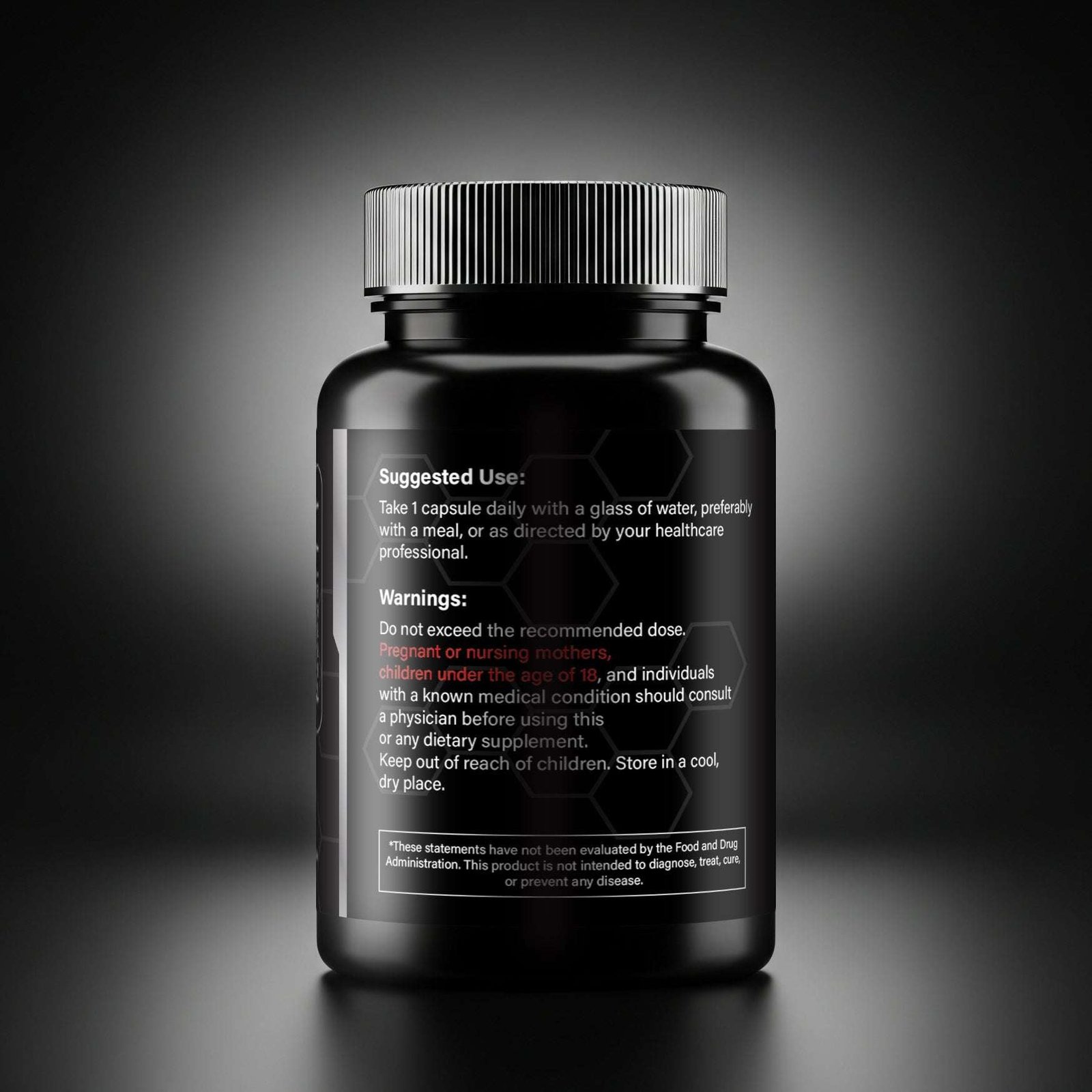 Black supplement bottle with suggested use and warnings label on a dark gradient background