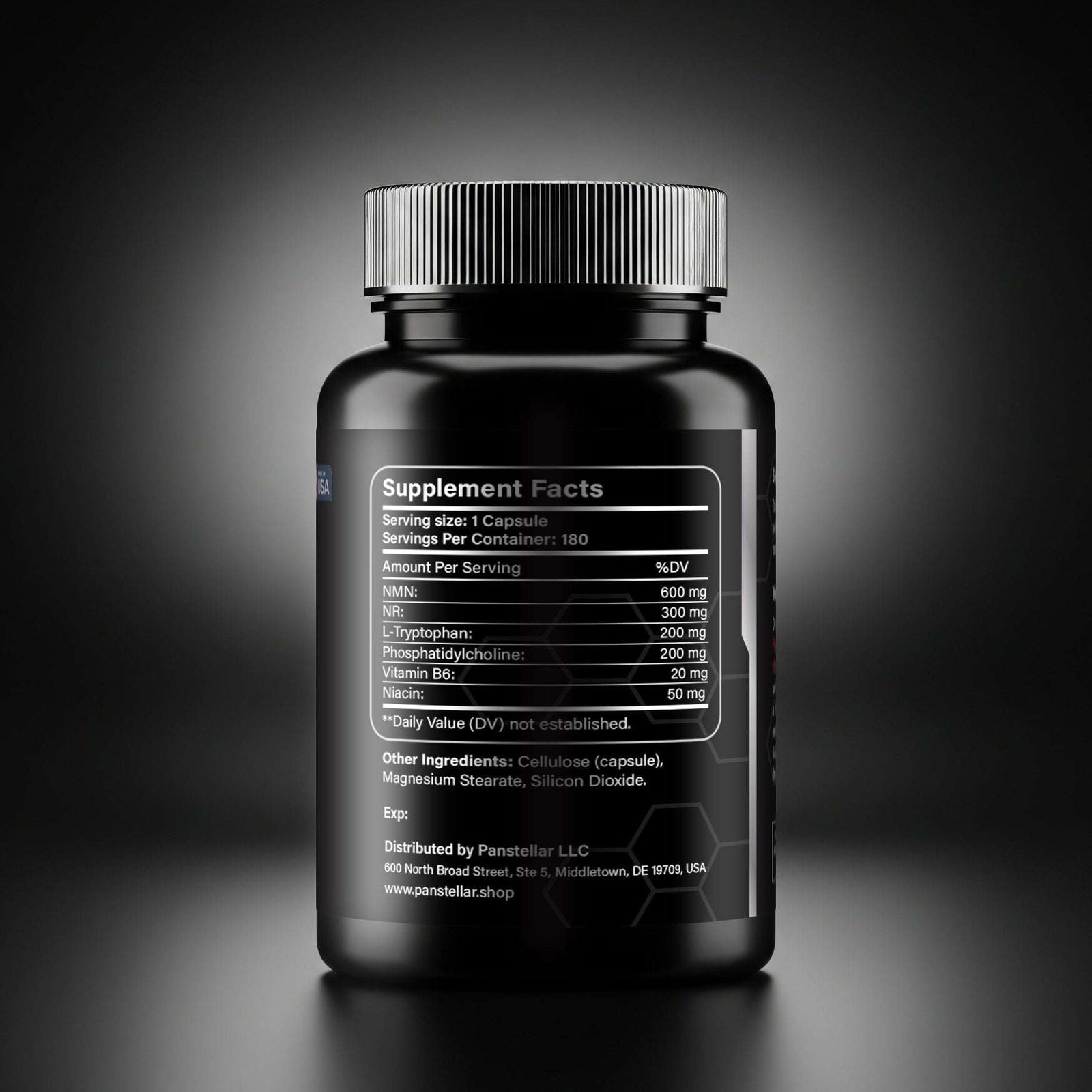Black bottle with supplement facts label showing NMN, NR, L-Tryptophan, phosphatidylcholine, vitamin B6, and niacin amounts.