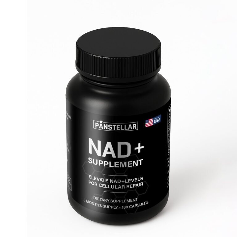 NAD+ supplement bottle with black label, 180 capsules for cellular repair, made in USA
