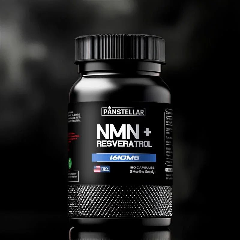 Black NMN plus resveratrol supplement bottle with 1610mg label and USA flag on front.