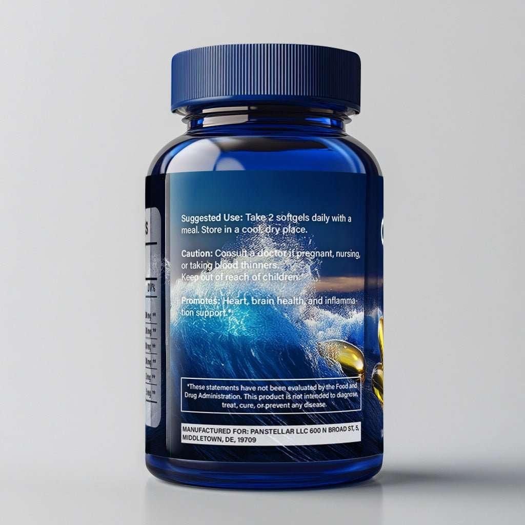 Blue omega-3 supplement bottle with dosage instructions, caution text, and ocean wave design.