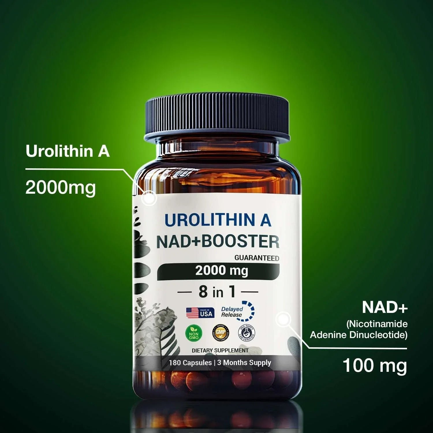 Urolithin A NAD+ booster supplement bottle, 2000mg, 8-in-1, 180 capsules, green background