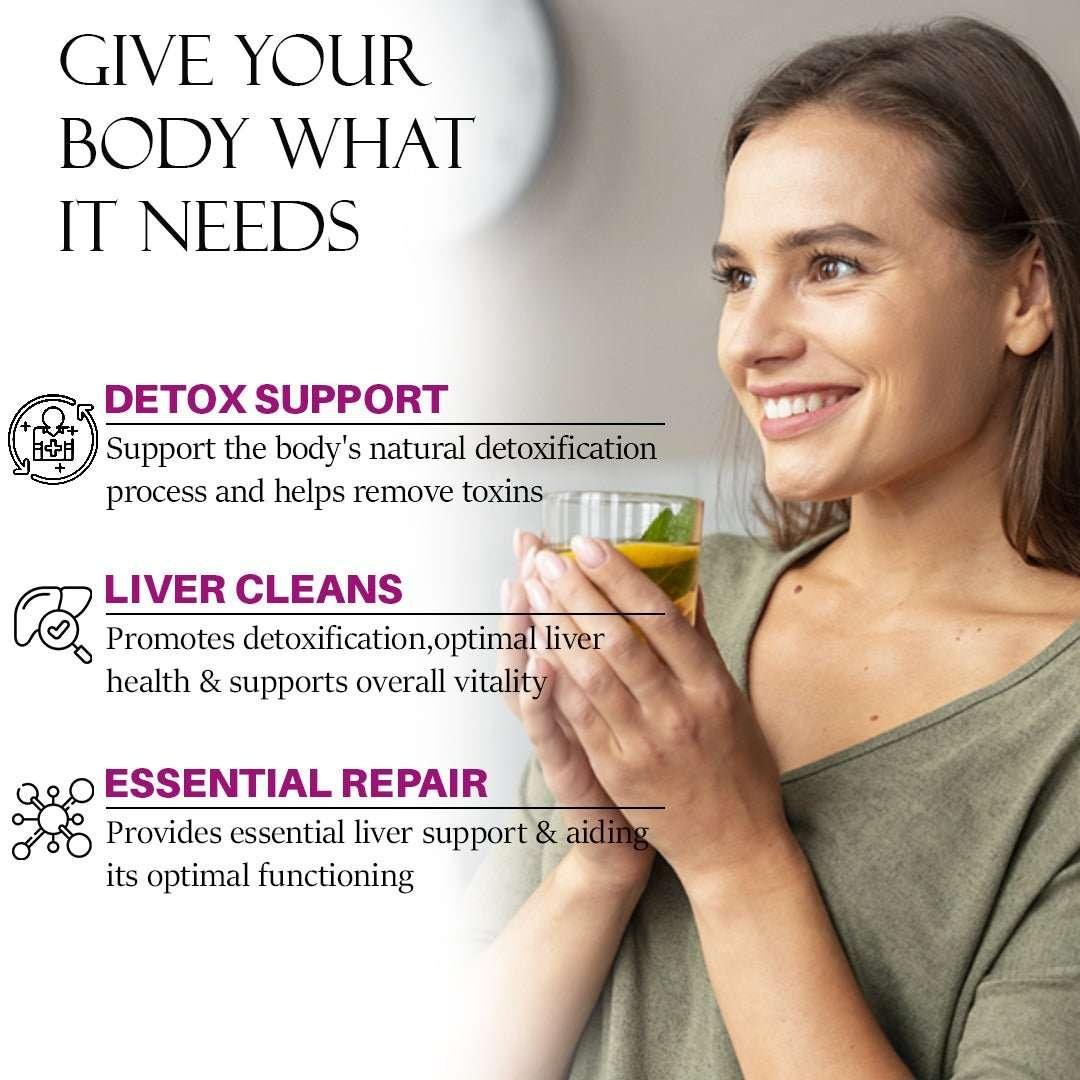 Smiling woman holding a detox drink, with liver cleanse, detox support, and essential repair supplement benefits listed.