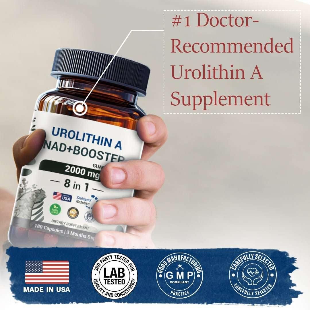 Hand holding Urolithin A NAD+ Booster supplement bottle, labeled 2000mg, with quality and USA-made icons.