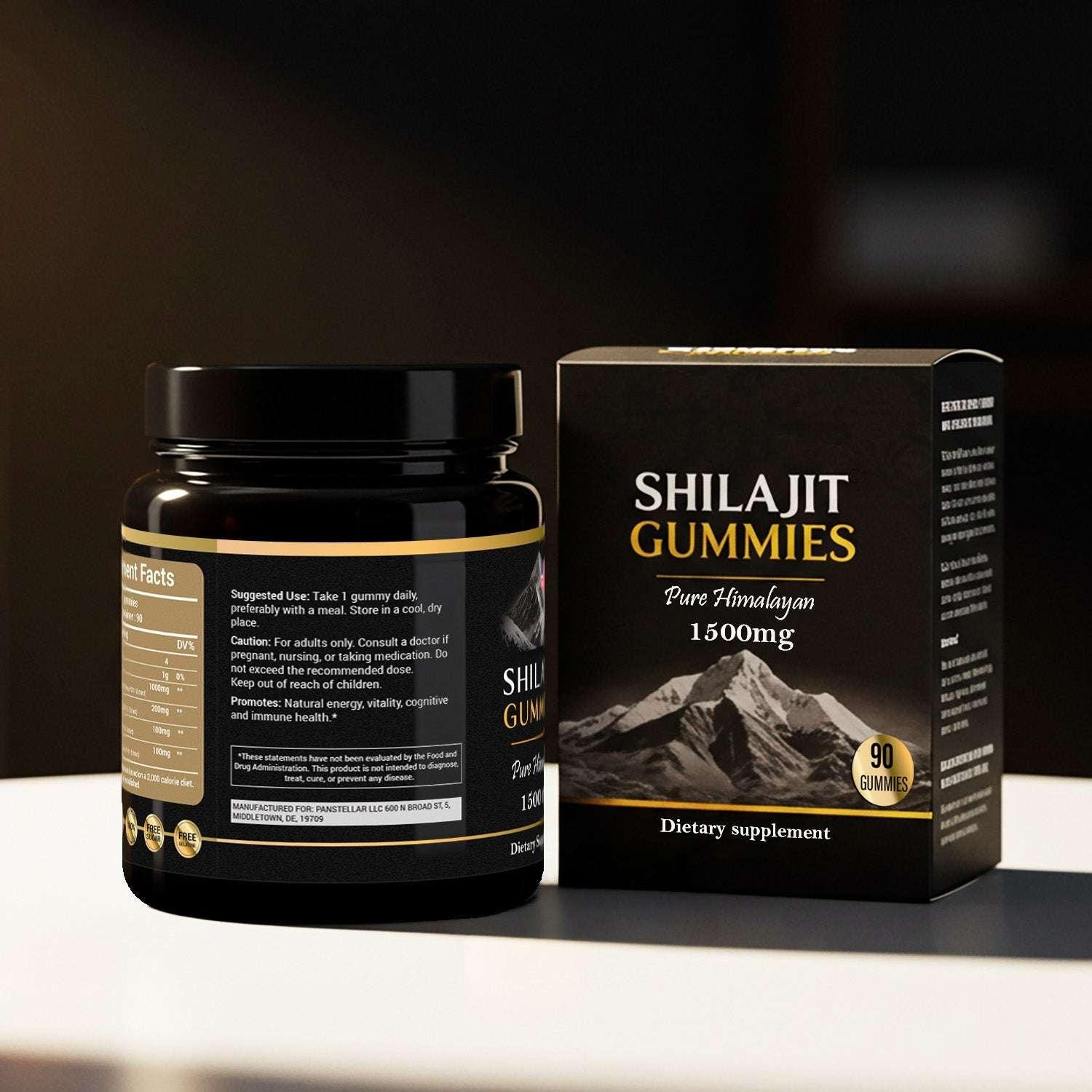 Shilajit gummies 1500mg supplement jar and box, 90 count, on a white surface