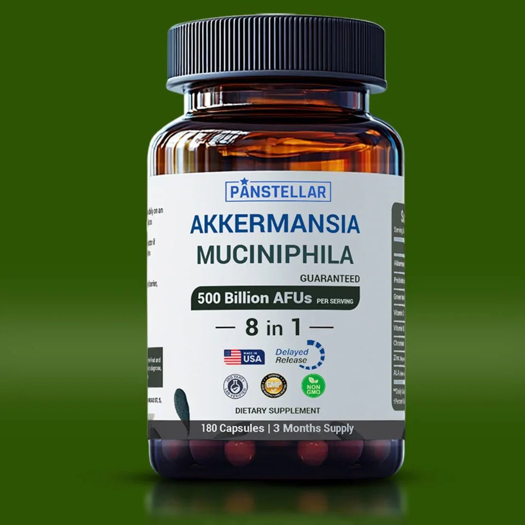 Akkermansia muciniphila supplement bottle with 180 capsules, probiotics, 500 billion AFUs, on green background.