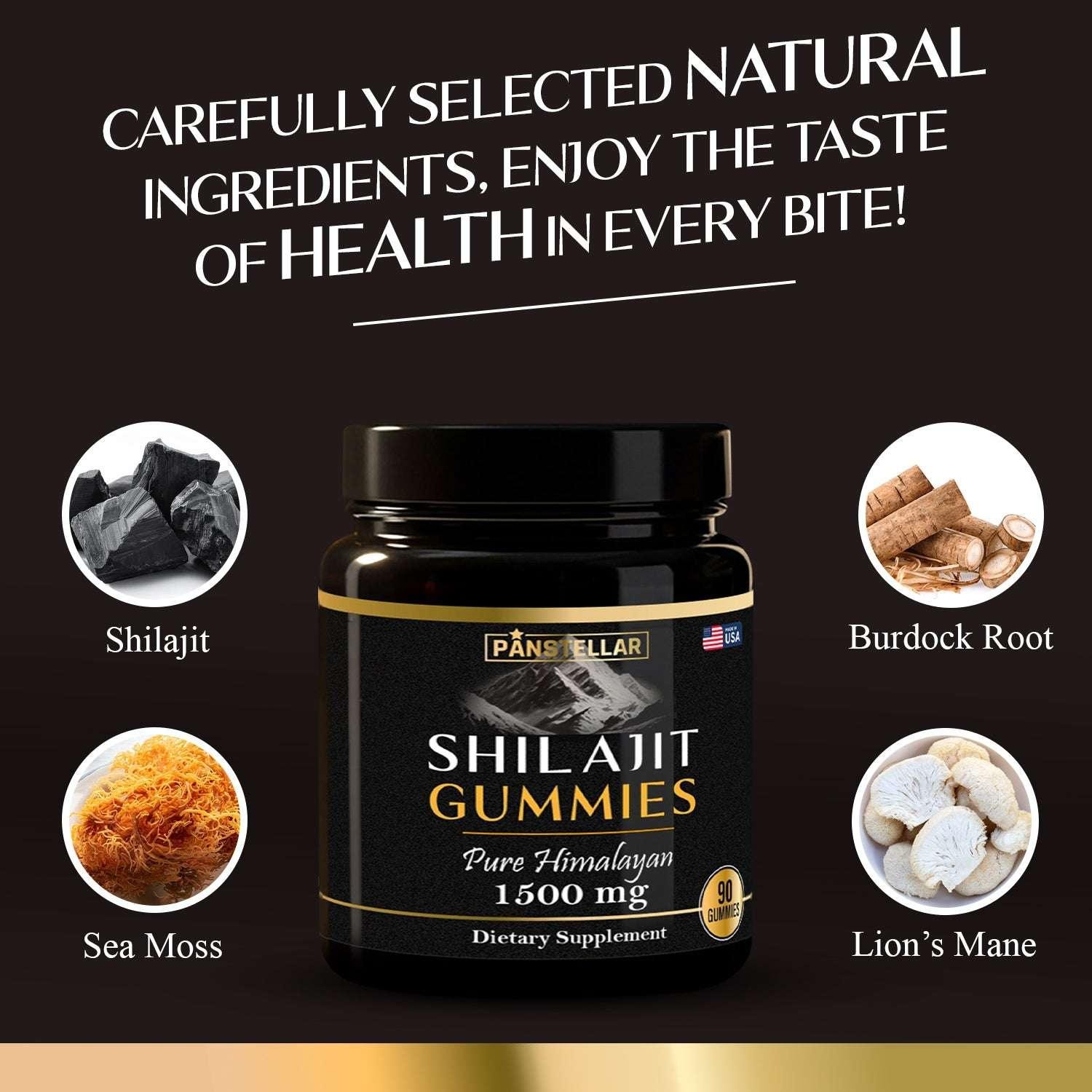Shilajit gummies supplement jar with burdock root, lion’s mane, sea moss, and shilajit ingredients