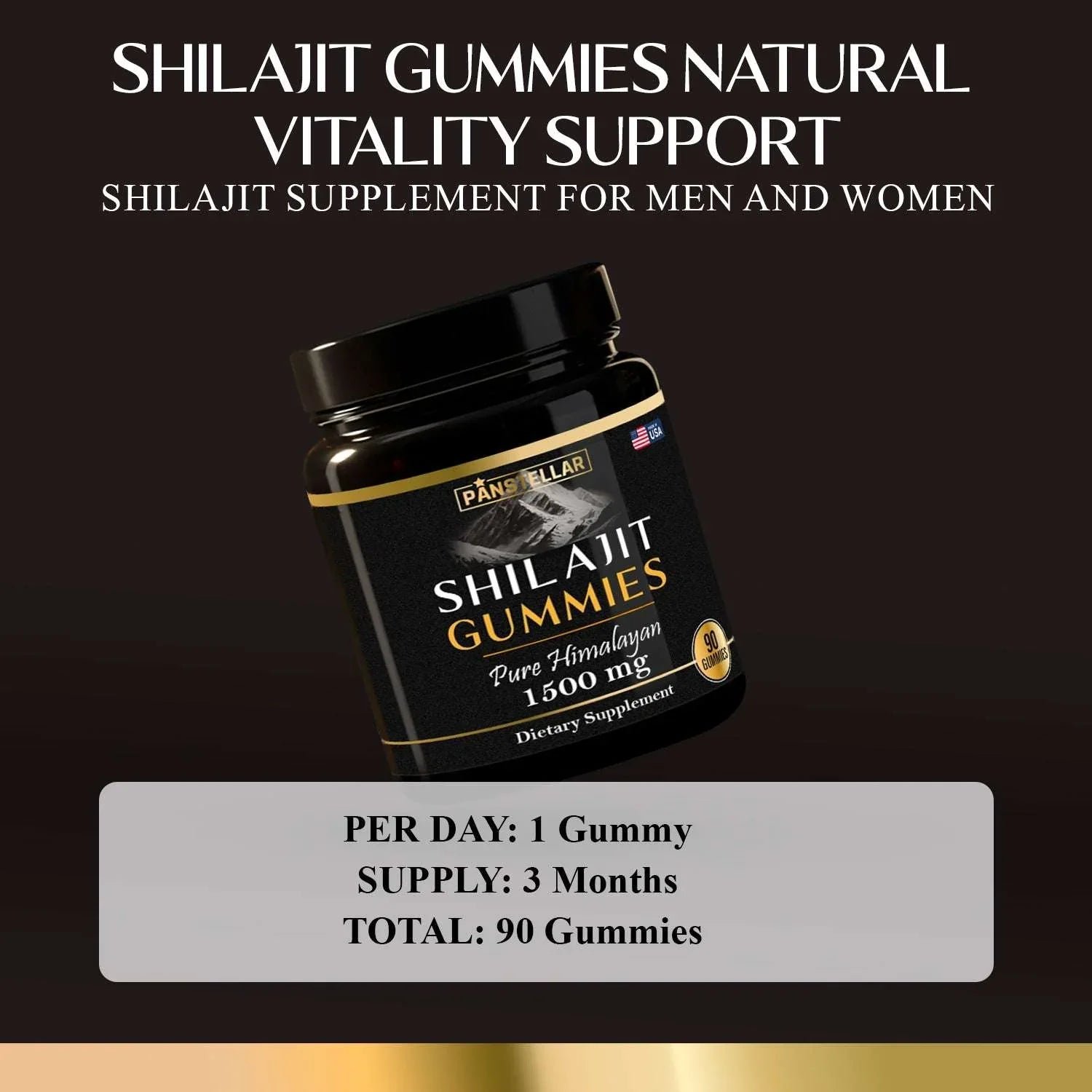 Shilajit Gummies 1500mg dietary supplement jar for vitality support, 90 count supply