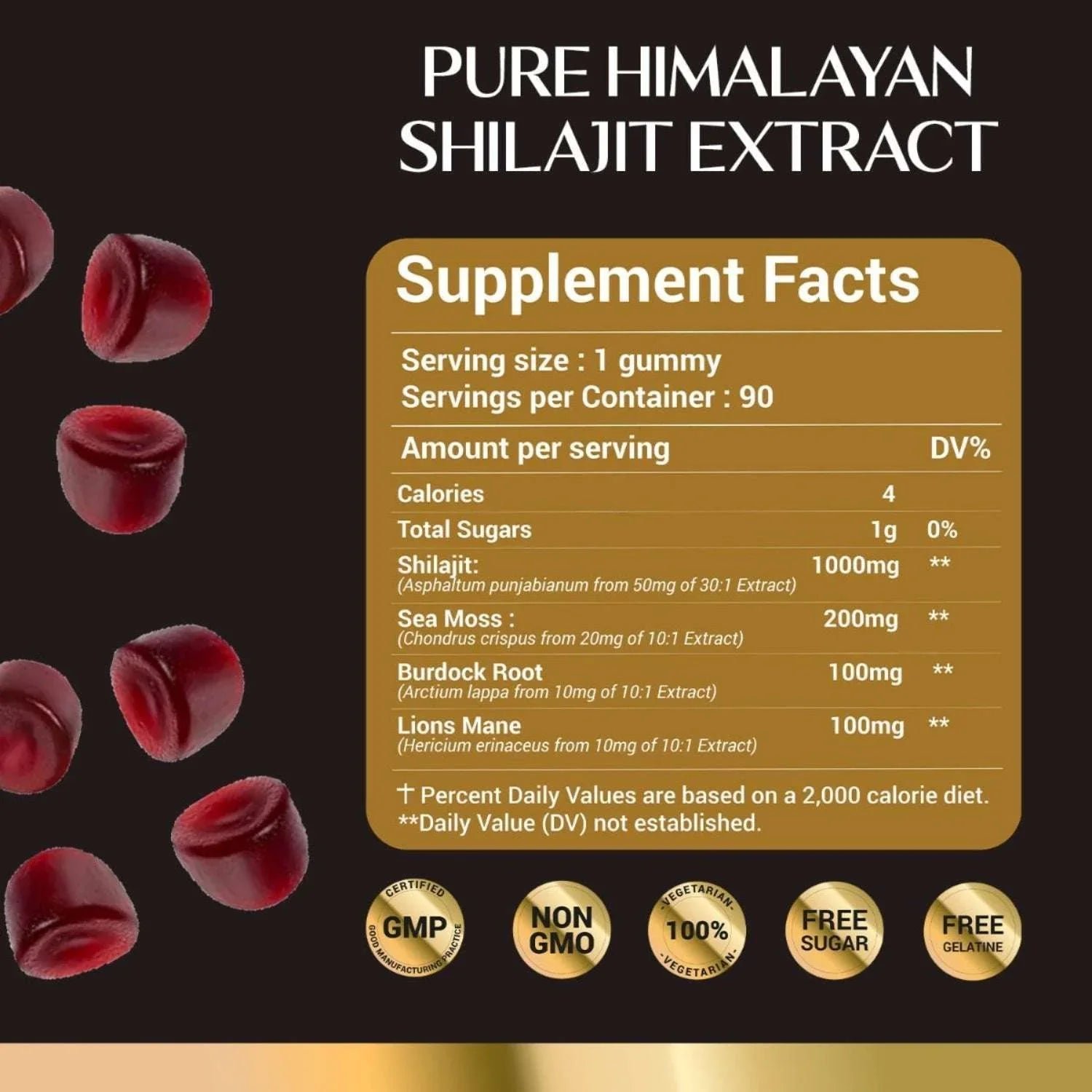 Pure Himalayan shilajit extract gummies with supplement facts and ingredient list on label