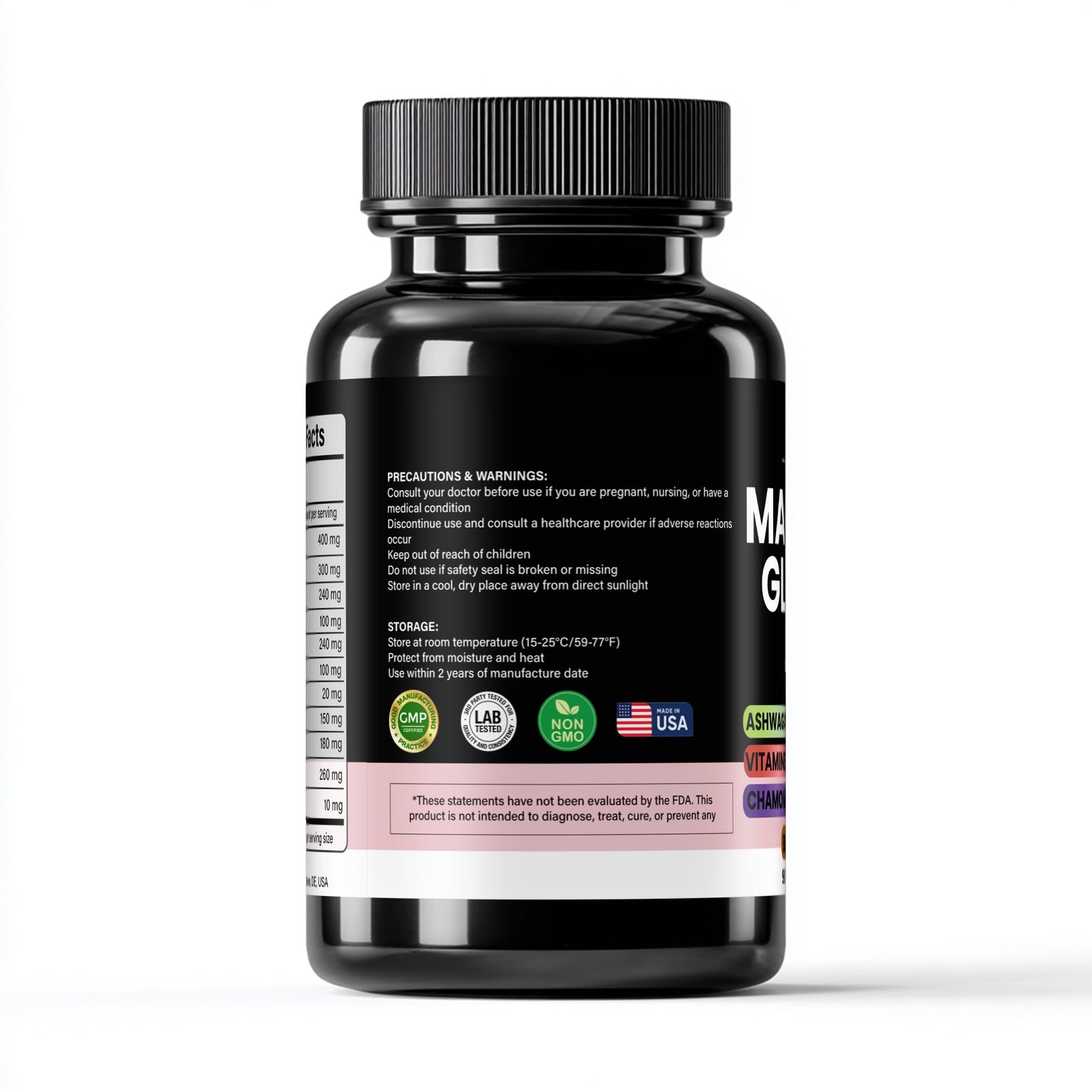 Back label of dietary supplement bottle showing ingredients, usage warnings, and certifications.