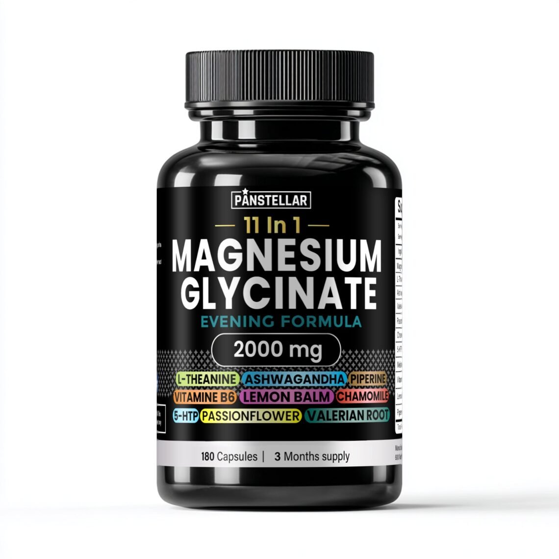 Magnesium glycinate supplement bottle, 2000mg evening formula with ashwagandha, valerian root, L-theanine, and other sleep support ingredients.