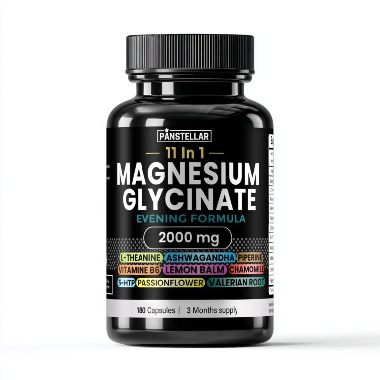 Magnesium glycinate supplement bottle, 2000mg evening formula with ashwagandha, valerian root, L-theanine, and other sleep support ingredients.