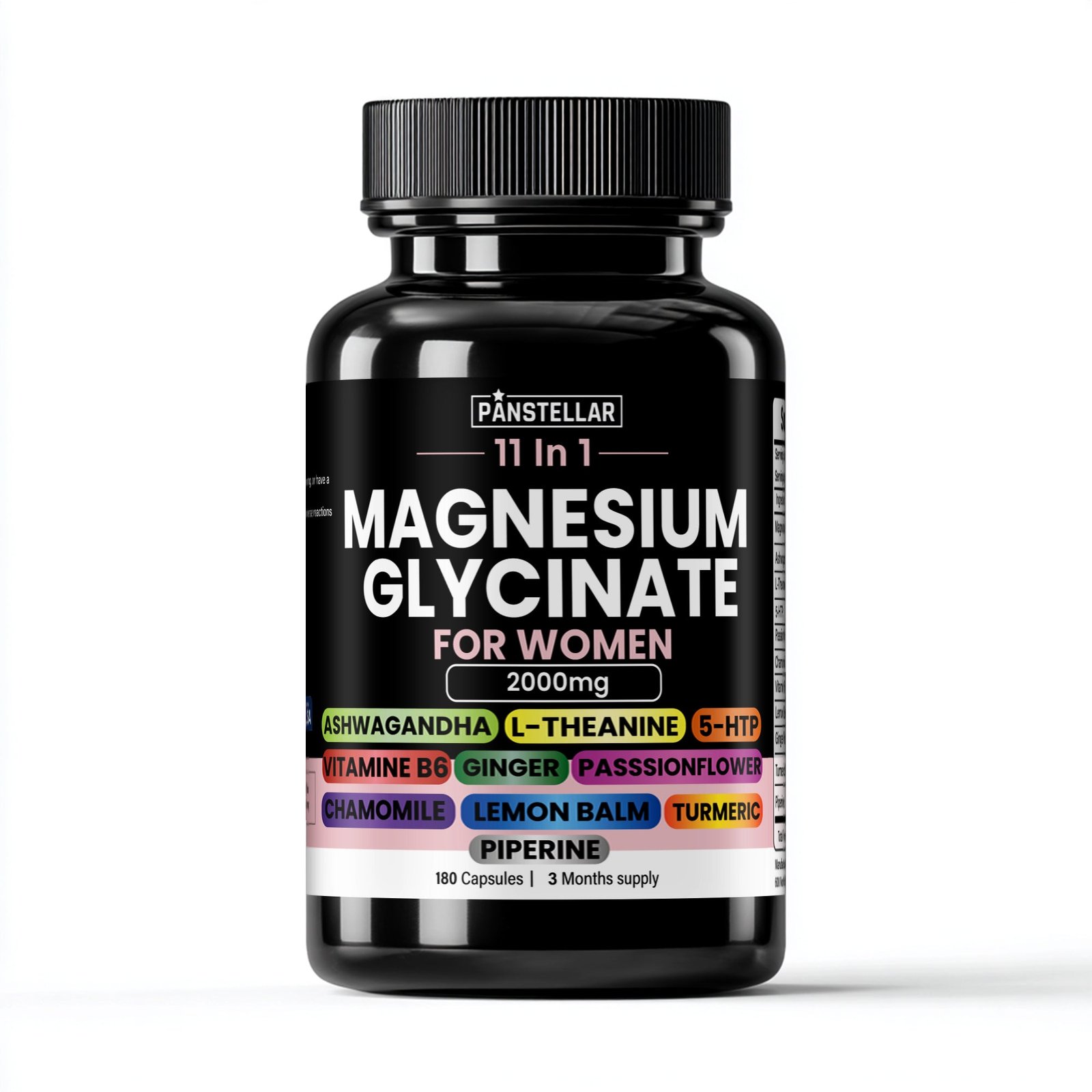 Magnesium glycinate for women supplement bottle with ashwagandha, turmeric, lemon balm, 180 capsules