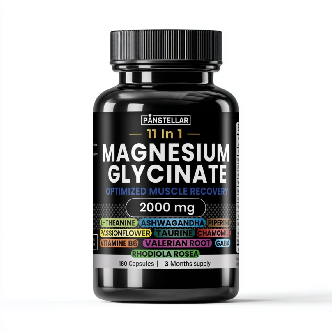Magnesium Glycinate supplement bottle with 11 ingredients for muscle recovery, 2000 mg, 180 capsules