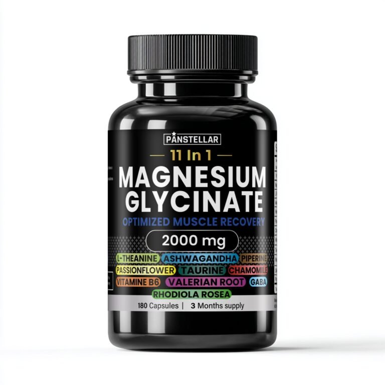 Magnesium Glycinate supplement bottle with 11 ingredients for muscle recovery, 2000 mg, 180 capsules