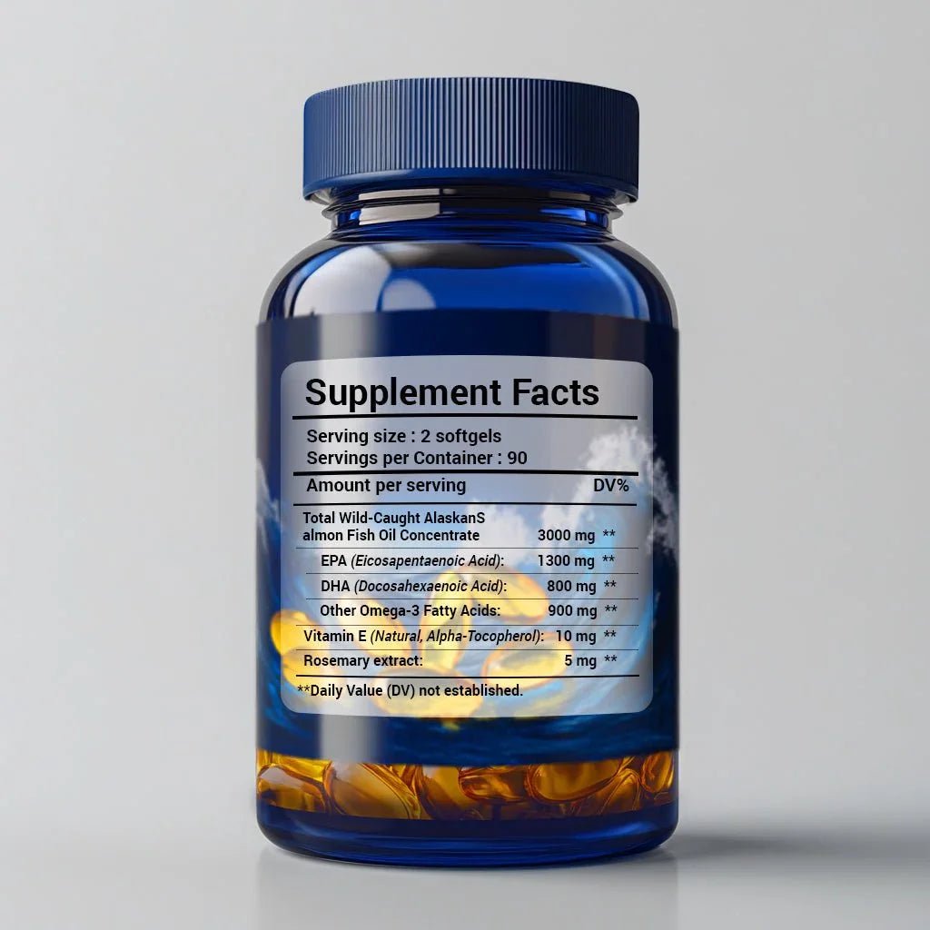 Blue bottle of fish oil omega-3 supplement with supplement facts label and softgels inside.
