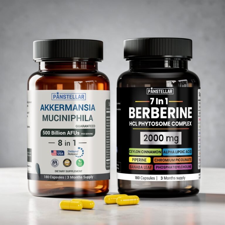 Akkermansia Muciniphila and Berberine supplement bottles with yellow capsules on table